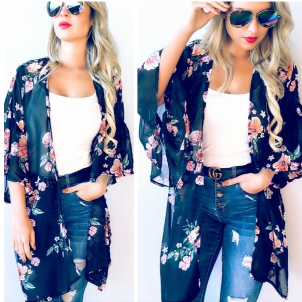 Last 1 New Floral Kimono Cardigan w/Ruffled Sleeve - Picture 2 of 7